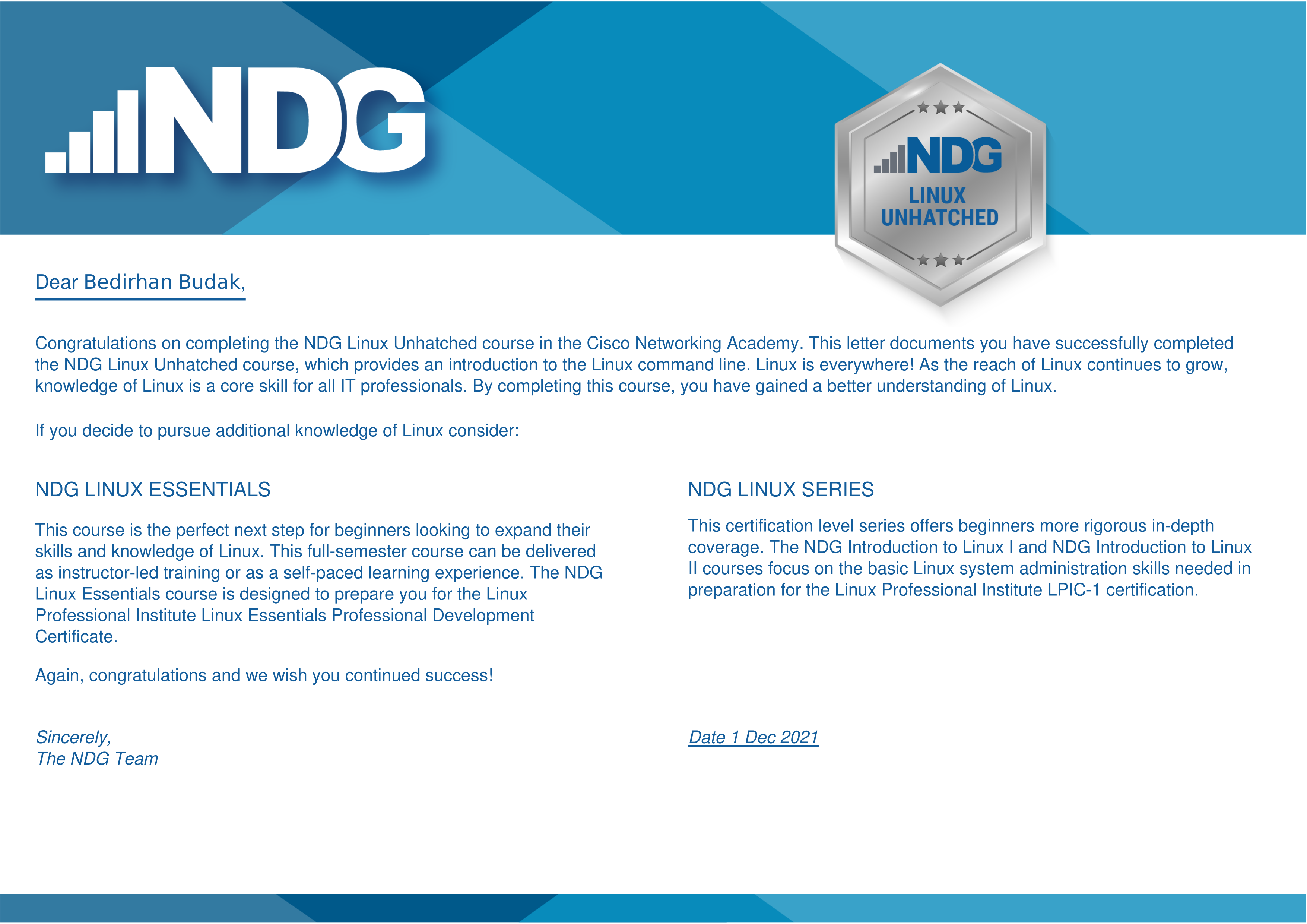 NDG Linux Unhatched certificate