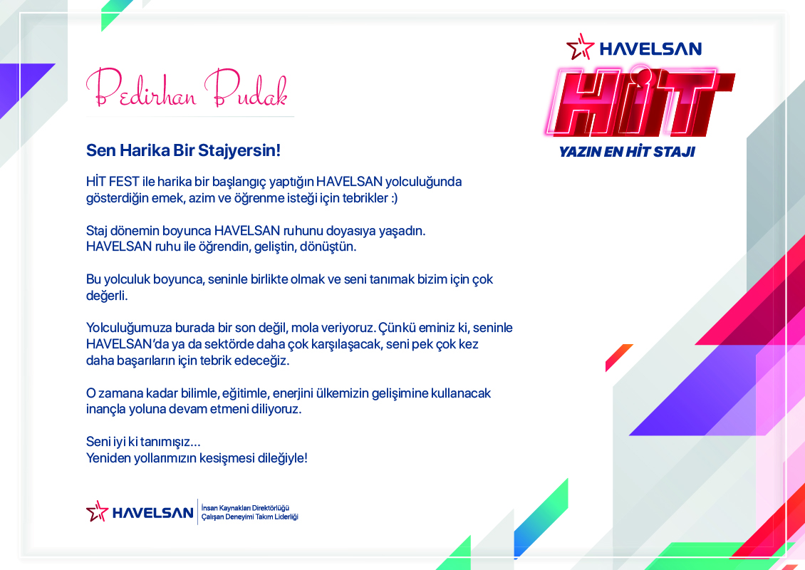 Internship at HAVELSAN certificate